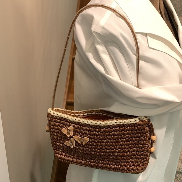 Macrame handbag  everyday use butterfly accents brown and pinks lined with strap - Picture 10 of 10